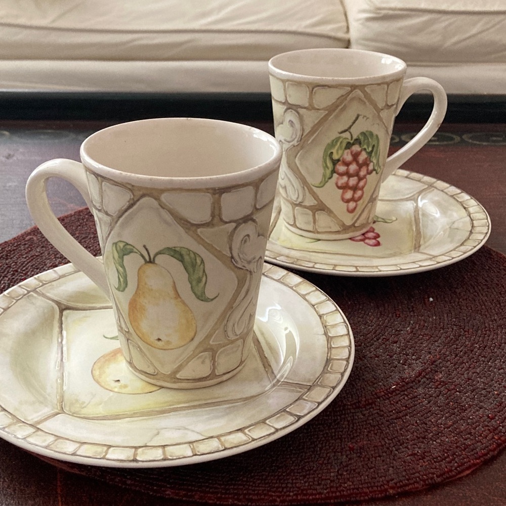 American Atelier Cream Fruit Motif Ceramic Mugs with Saucers - Pear & Grape